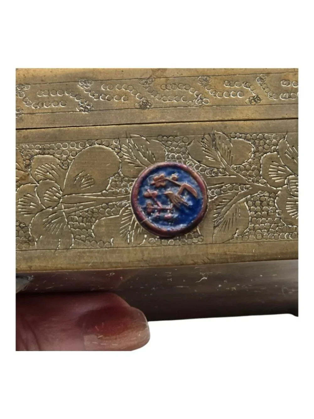 Antique Brass Jewelry Box Cloisonné Floral Bird Design Vintage Trinket Storage